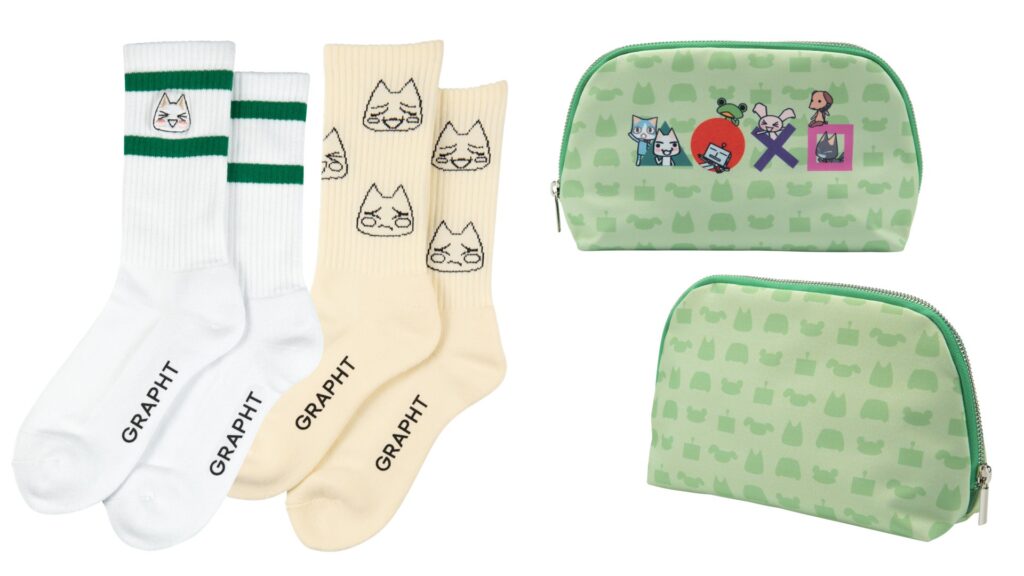 どこでもいっしょ ソックス2種（各サイズFREE 推奨25-27cm 許容23-28cm）各2,200円（税込）、トラベルポーチ 2,970円（税込）